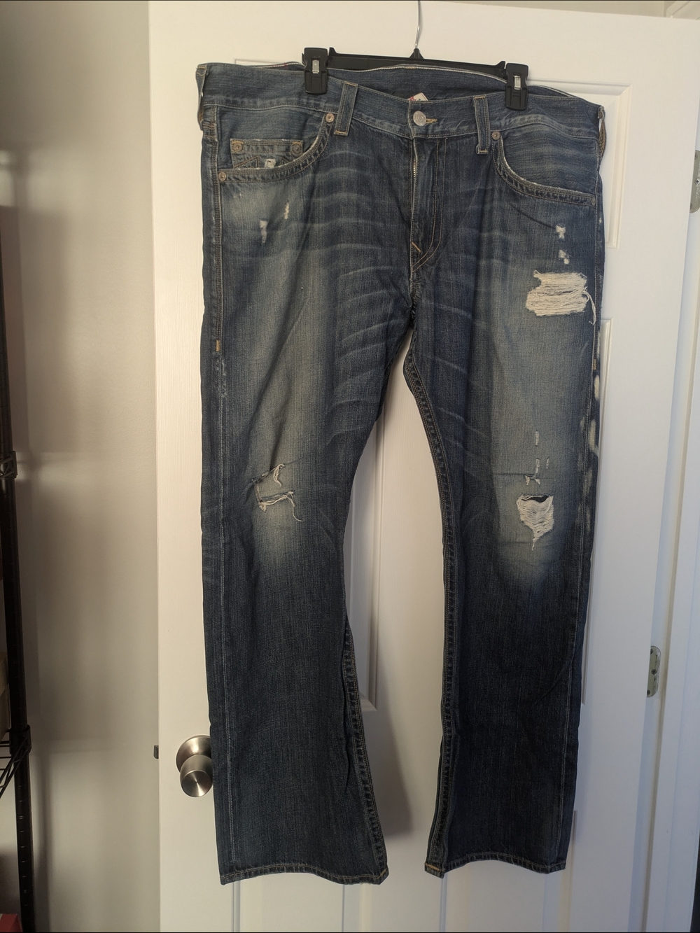 True Religion Men's Bootcut Jeans in Washed Blue with Distressing